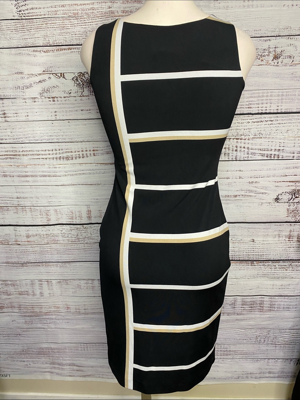Joseph Ribkoff Black Midi Dress with White and tan Stripes - Picture 5 of 6